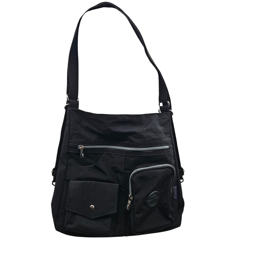 JINQIAOER Black Nylon Convertible Crossbody Backpack Utility Multi-Pocket Bag